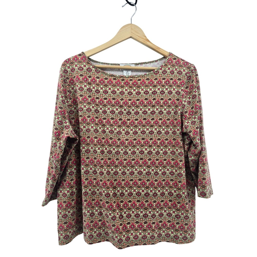Talbots Top Women 1X Woman Petites Geometric Pink Olive 3/4 Sleeve EUC